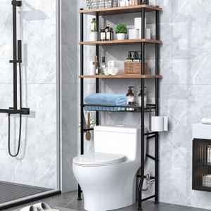 Over-The-Toilet Storage Shelves, 4-Tier Bathroom Organizer Shelf Over Toilet with Adjustable Feet Pad and Basket, Freestanding Space Saver Bathroom Storage Rack Above Toilet (Vintage Brown), 24 X 11 X 65.5 Inches