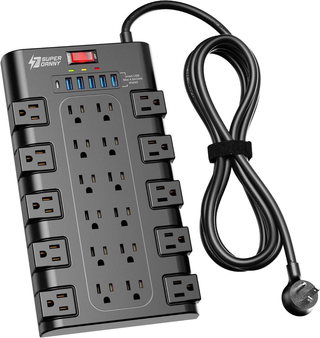 SUPERDANNY Power Strip Surge Protector, 22 AC 6 USB, 2100J, 6.5Ft,1875W/15A