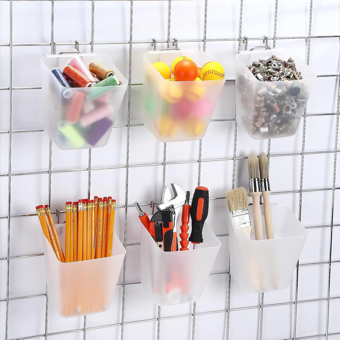 6 Pack Large Gridwall Cups Gridwall Storage Bin with Hooks Hanging Baskets Square Box Shape Hanging Cup Holder Gridwall Accessories for Garage Workbench Office Playroom Home Kitchen (Clear)