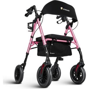 Lightweight Rollator Walker with Seat & Backrest - Foldable Mobility Aid for Seniors, 8" Airless Tires, Adjustable Height, 300 lbs Capacity, 4 Wheel Rolling Walkers for Seniors Pink