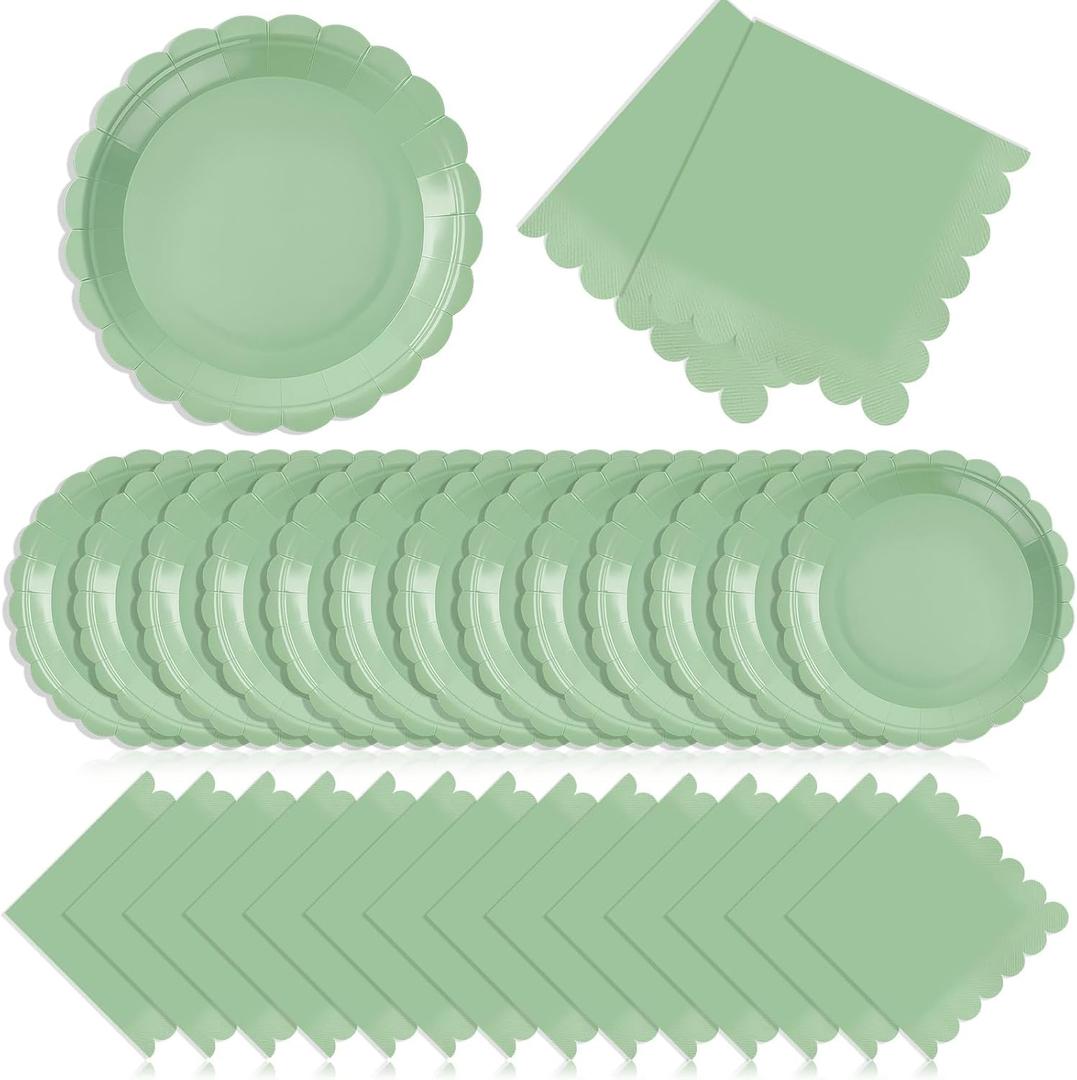 120 Pcs Sage Green Paper Plates and Napkins Party Supplies Bulk Disposable 7 Inch Scalloped Plates Cocktail Napkins for Wedding Bridal Baby Shower Birthday Decorations, Serve 60 Guests
