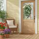 Svndlyn Lighted Artificial Spring Summer Teardrop Swag 25 Inch Eucalyptus and Magnolia Wreath with White Berries, Gypsophila & Farmhouse Striped Bow Floral Arrangement for Door Wall Mantel Window