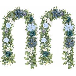 Waipfaru 2Pcs Flower Garland Decorations, Wedding Table Floral Rose Garland for Table Centerpieces Backdrop Wall, Eucalyptus Greenery Vines for Party Room Decor (Dusty Blue)