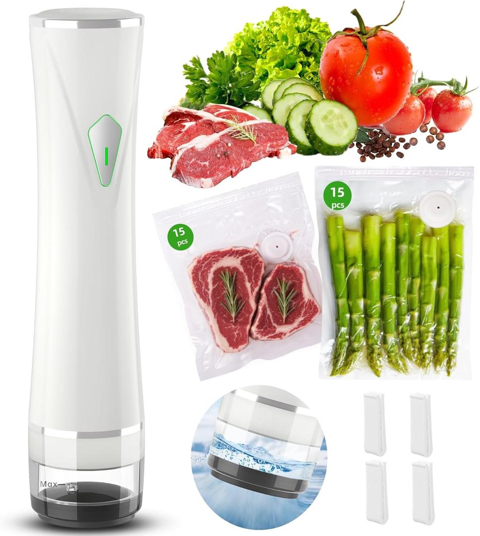 Vacuum Sealer Set (Vacuum Machine + 30 Reusable Vacuum Bags) Handheld Vacuum Sealer for Food, Portable Compact Food Sealer with Auto-Stop & Detachable Filter, 5X Freshness Lock