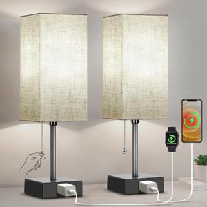 Table Lamp for Bedroom Set of 2, Bedside Lamps with 3 Color Temperatures Night Light, Lamp for Night Stands with AC Outlet and Square Shade, Pull Chain Small Desk Lamp for Living Room Home Decor (15 inch)