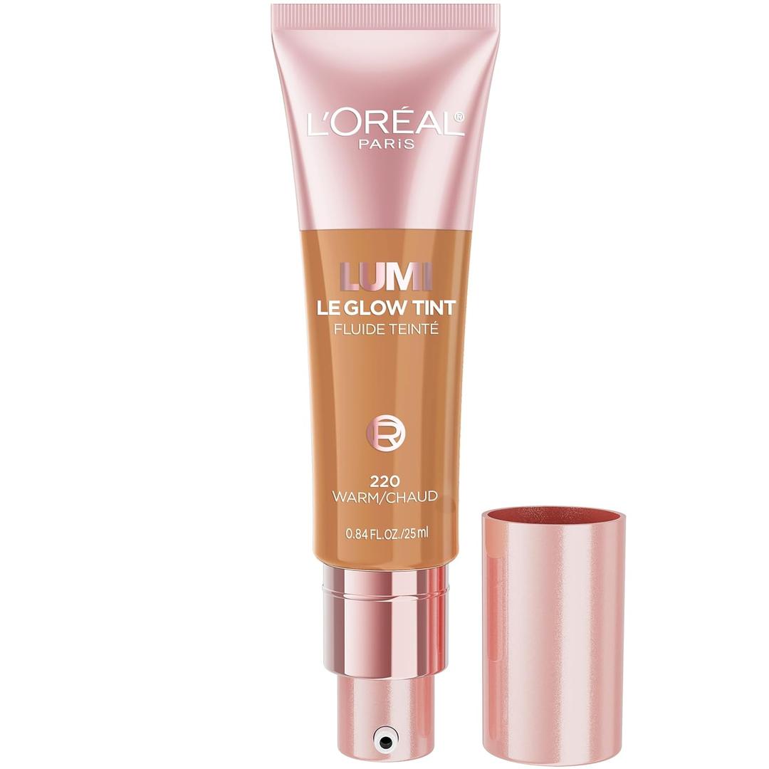 L'Oreal Paris Lumi Le Glow Skin Tint, Lightweight Water-Based Tinted Serum with Foundation-Like Coverage, Glow Illuminator, Warm 220, 0.85 Fl Oz