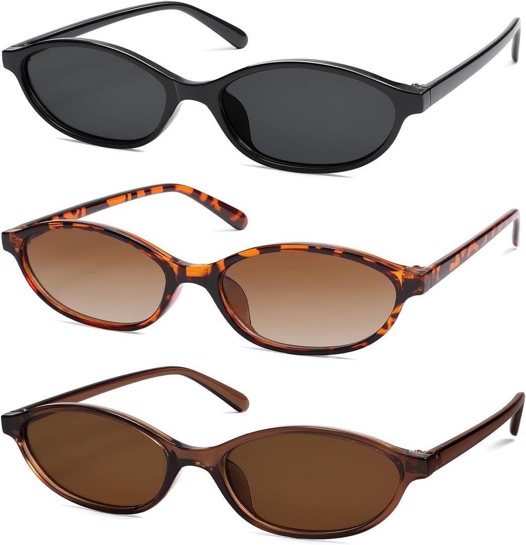 Retro Oval Cat Eye Sunglasses for Women Y2k Trendy Narrow Sunnies Designer Sun Glasses AR82253 (0 Black/Grey+tortoise/Gradient Brown+clear Brown/Brown)