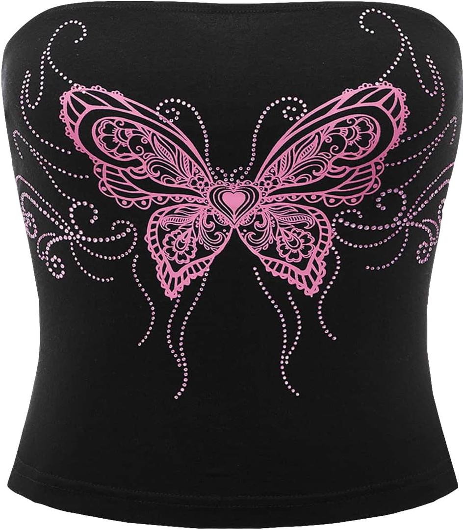 SOLY HUX Women's Rhinestone Cute Print Y2K Crop Tops Sleeveless Strapless Summer Bandeau Tube Top (Black Butterfly)
