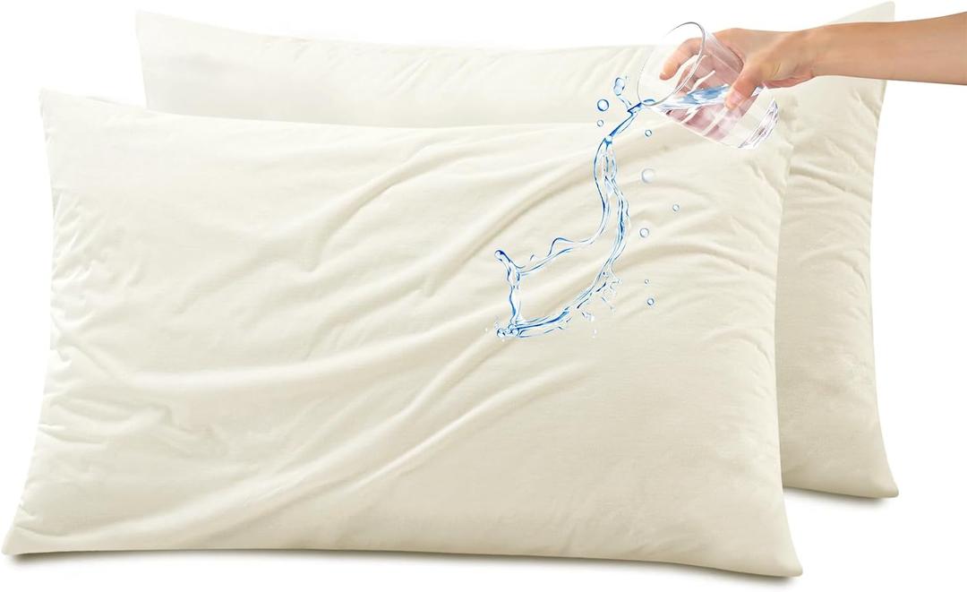 Kingrest Waterproof & Noiseless Pillow Protector (Standard, Pack of 2, Beige), Breathable Pillow Covers with Zipper, Machine Washable Pillow Encasment