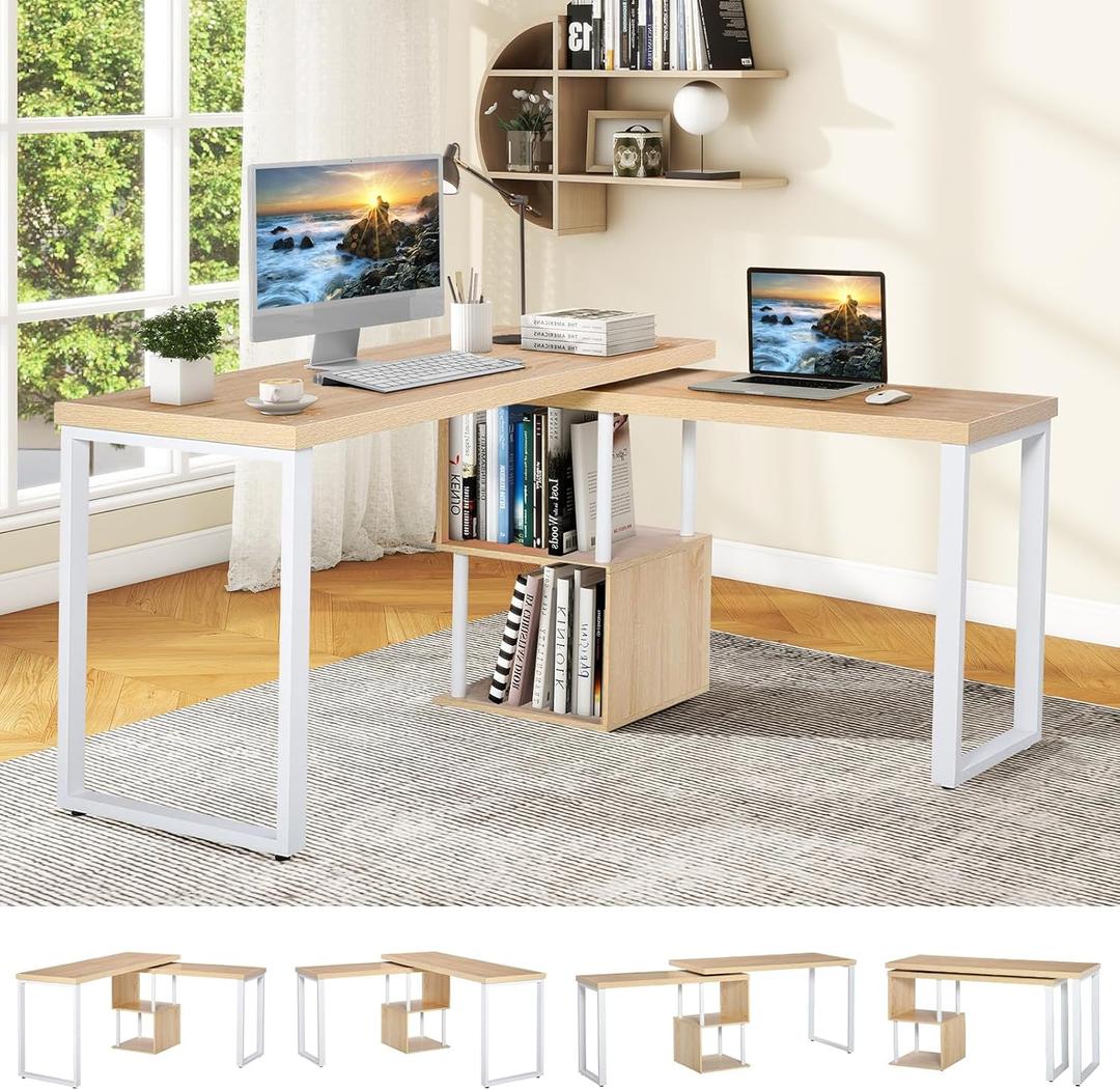 Computer Desk, 360 Rotating Corner L Shaped Table with Storage Shelves, Home Office Study Writing Workstation Space-Saving