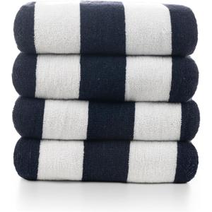 Salt Earth Cotton Beach Towels, 4 Pack - 30"x60" Quick Dry Towels for Beach, Pool, Gym & Bathroom - Oversized Terry Cabana Striped Towels (Navy Blue)
