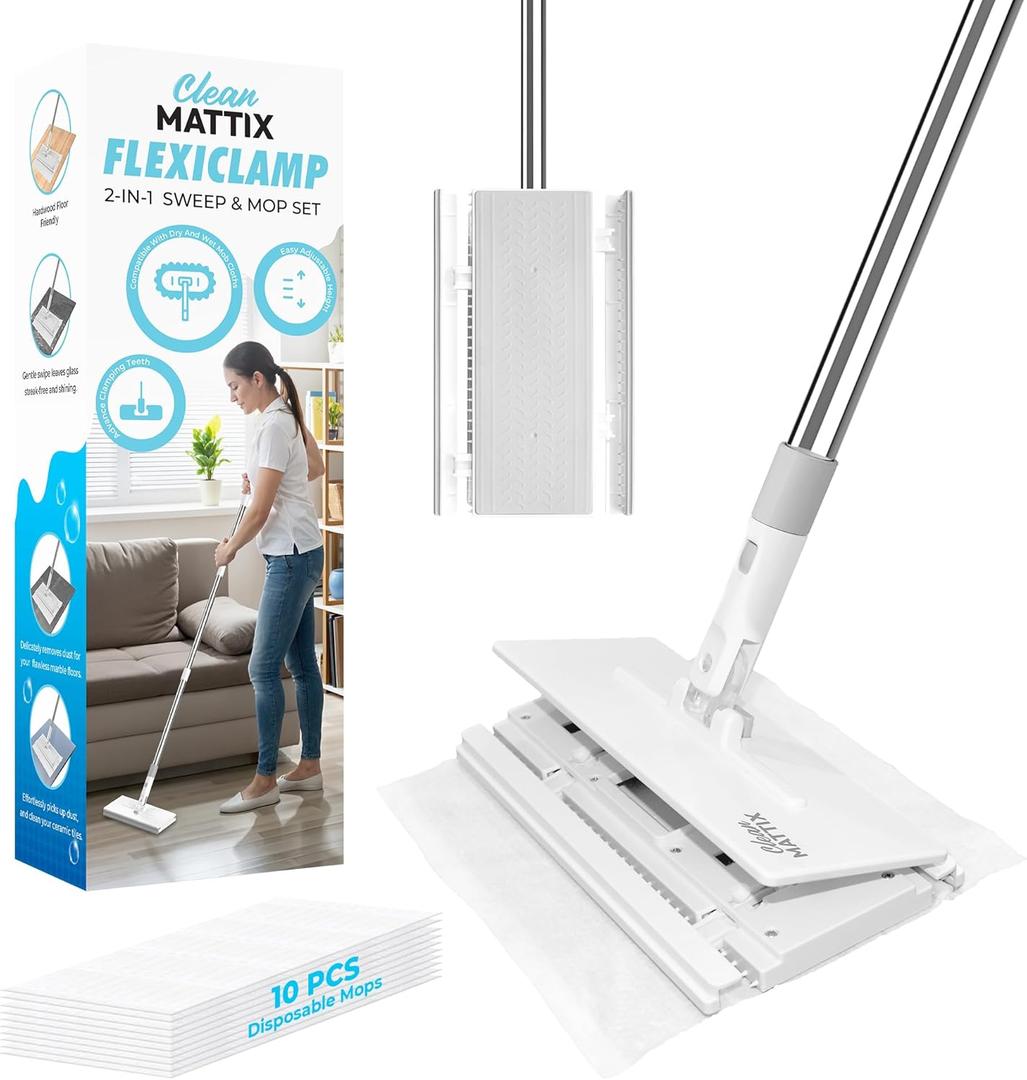 FlexiClamp Sweep & Mop Kit - Compatible with Swiffer Pads, Durable Cleaning Tool for Hardwood, Tile, Marble & Laminate Floors, Home, Kitchen Cleaning Essentials. (Include 10 Dry Cloths)