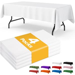 White Plastic Table Cloth - 4 Pack 54" × 108" Rectangle Disposable Tablecloths for 6FT Tables, Table Cover for Party, Holiday & Gathering Use