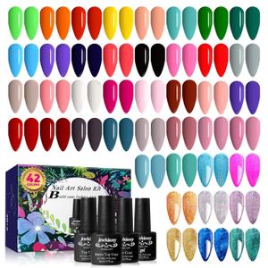 JEWHITENY 45PCS Gel Nail Polish Kit, 42 Colors 5ML Gel Polish Nude Gray Pink Blue Soak Off Glitter Nail Art Starter Kit Beauty Gifts Set for Women Girls Valentines Mother's Day Gift
