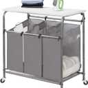 STORAGE MANIAC 3-Section Laundry Sorter with Foldable Ironing Board, Heavy-Duty Rolling Laundry Cart with and Removable Bags, Triple Laundry Hamper with Wheels, Dark Grey