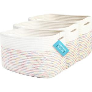 OrganiHaus Set of 3 Woven Storage Baskets for Shelves, Decorative Organizer Bins for Closet & Bathroom, Multipurpose Home Organization Baskets, Toy Storage Basket - Rainbow Stitches 15x9x10 inches