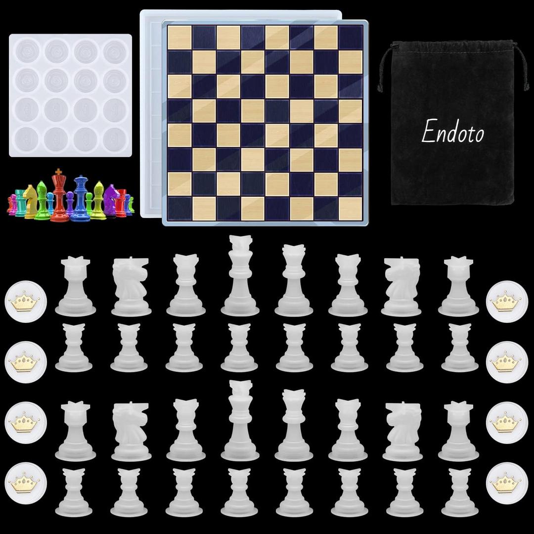 Endoto Chess Set with Checkers Board Silicone Resin Mold, 32 Pieces Full Size 3D Chess Crystal Epoxy Casting Molds for DIY Art Crafts Making, Family Party Board Games and Home Decoration