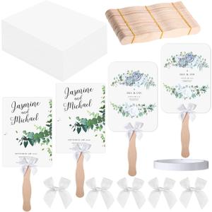 TaoBary 100 Set Church Fans Handheld Set, DIY Wedding Church Fans Including Wavy Wooden Sticks Blank Cardstock White Bows and Tape for DIY Craft Painting Festival Celebration Hand Held Fans