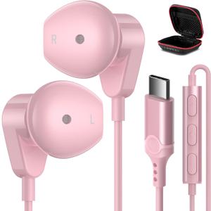 APETOO USB C Headphones for iPhone 15 Plus 16 17 Pro Max iPad Pro USB-C Wired Earbuds with Microphone Volume Control HiFi Stereo Type C Earphones for Galaxy S26 S25/S24/S23/S22, Pixel 10 9 8 7 6, Pink