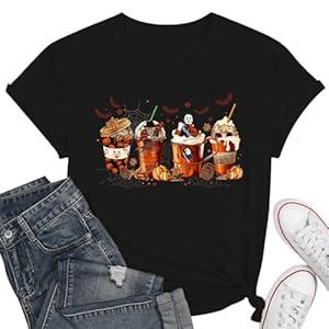 Pumpkin Spice Coffee Latte Shirt Womens Halloween Shirts Cute Spooky Season Short Sleeve Tops, Small