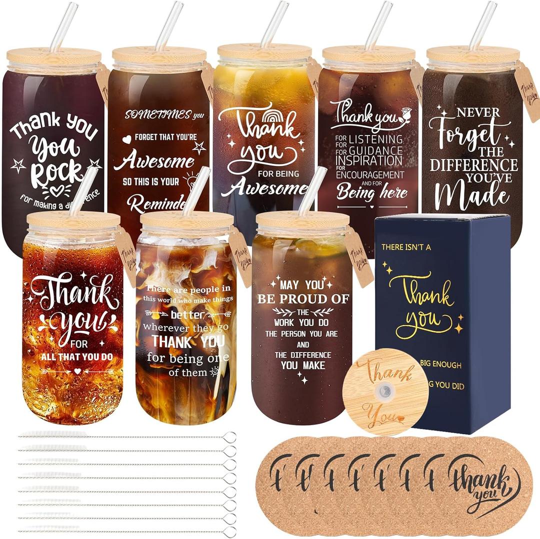 8 Set Employee Appreciation Gifts Glass Cups, Thank You Gifts for Staff Coworker 16oz Can Shaped Beer Glass Cups, Gift Box, Hanging Cards and Coaster Birthday Gift for Team Women Men Teacher Nurse