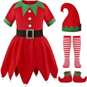 Elf Costume for Girls Kids Christmas Elf Santa's Dress Outfit (7-8 Years)