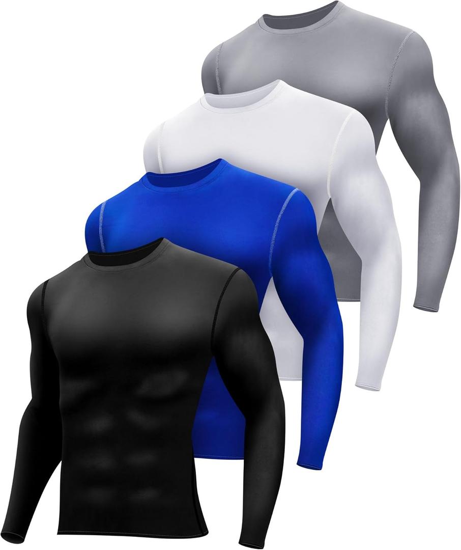 Hicarer 4 Pack Men's Compression Shirts Quick Dry Long Sleeve Athletic Workout Top for Gym Sports Winter Thermal Base Layers (X-Large, Black, White, Blue, Gray)