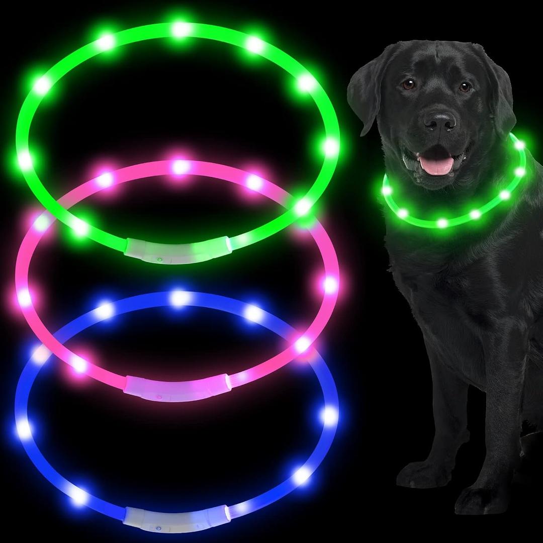 Weewooday 3 Pcs Dog Collar LED USB Rechargeable Lights Dog Necklace Collars Doggy Lights For Night Walking Adjustable Safety Lamp Pet Collars For Large Medium Small Puppy Pet, Pink, Blue, Green, Natural Style