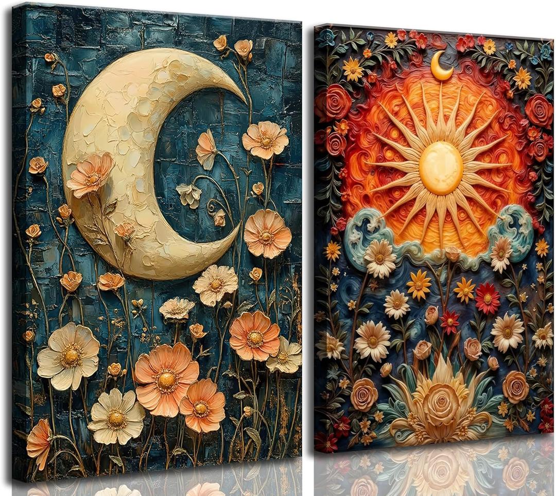 2Pcs Celestial Canvas Wall Art Vintage Mystical Moody Sun and Moon Floral Painting Picture Wall Decor Posters Print Artwork for Living Room Bedroom Home Decoration