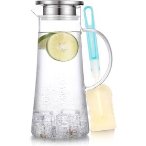 SUSTEAS 1.5 Liter 51oz Glass Pitcher with Lid, Easy Clean Heat Resistant Glass Water Carafe with Handle for Hot/Cold Beverages - Water, Cold Brew, Iced Tea & Juice, With 1 Long-Handled Brush Included
