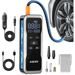 Tire Inflator Portable Air Compressor, Dual Power (Cordless & 12V DC) Air Pump for Car Tires, 150PSI Fast Air Pump for Moto, Bike, Large Capacity Battery, Digital Gauge with Emergency LED Light