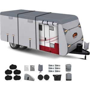 RV Cover for 22-24 ft Travel Trailers, 7 Layers Heavy Duty Camper Cover, Weatherproof & UV Resistant Motorhome Trailer Cover with Gutter & Tongue Jack Covers