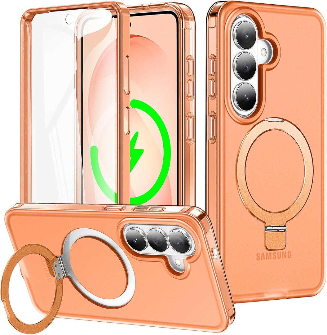 for Samsung Galaxy S26 Case with Magnetic Invisible Stand[Compatible with MagSafe] with Screen Protector Dual Layer Full Body Military Shockproof Translucent Phone Cover-Orange
