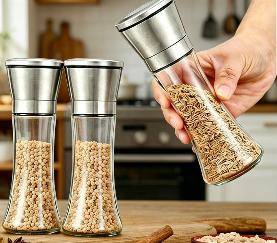 Glass Salt and Pepper Grinder Set of 2 - Manual Adjustable Coarseness Refillable Mills with Ceramic Core, 190ML Large Capacity, Stainless Steel Top Clear Glass for Kitchen Cooking & BBQ