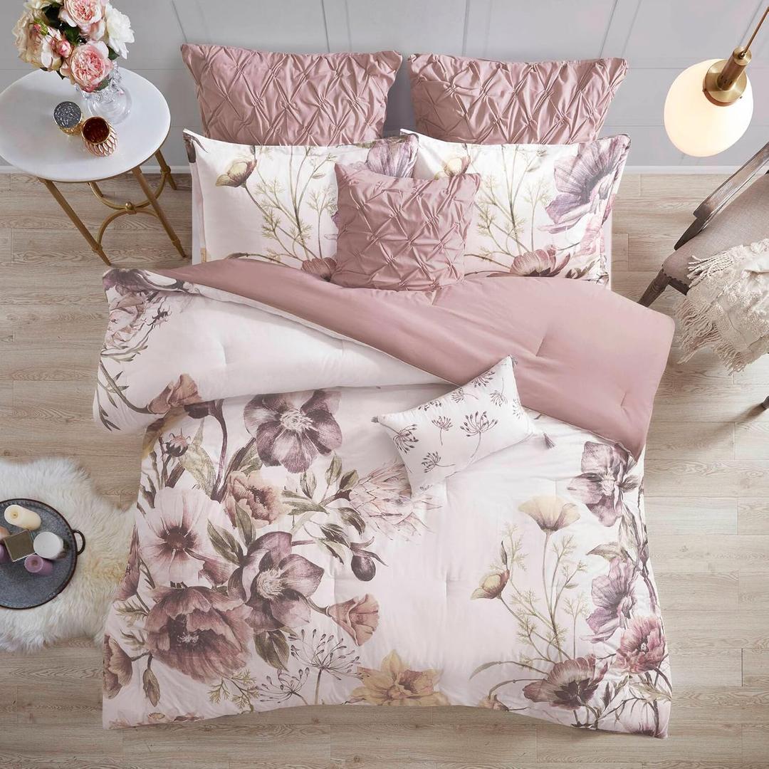 Madison Park Floral Cotton Shabby Chic Comforter Set, 8PC Queen Bedding Set, Cassandra Blush