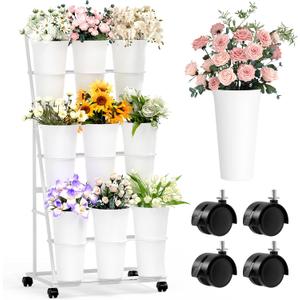 Invech Flower Display Stand with 9 Buckets, 3 Tier Flower Cart Display Stand and Wheels for Indoor Outdoor Garden, Wedding, Flower Shop (White)