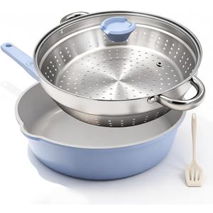 AIKENBBKK 12 Inch Nonstick Deep Frying Pan with Steamer, Ceramic Skillet with Lid, Steamer Pan for Cooking, 5 QT Non Stick Saute Pan with Detachable Handle, PTFE & PFAS-Free, Oven Safe, Blue