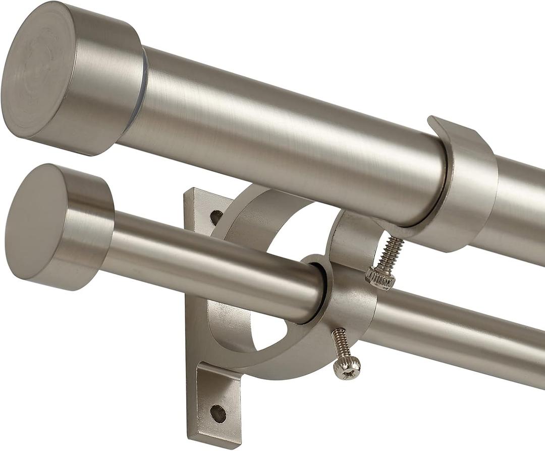 Brushed Nickel Double Curtain Rods 36 to 72 Inches (3-6 Feet),1-Inches Front and 5/8 Inches Back Adjustable End Cap Double Window Drapery Rod for Drapes and Curtains