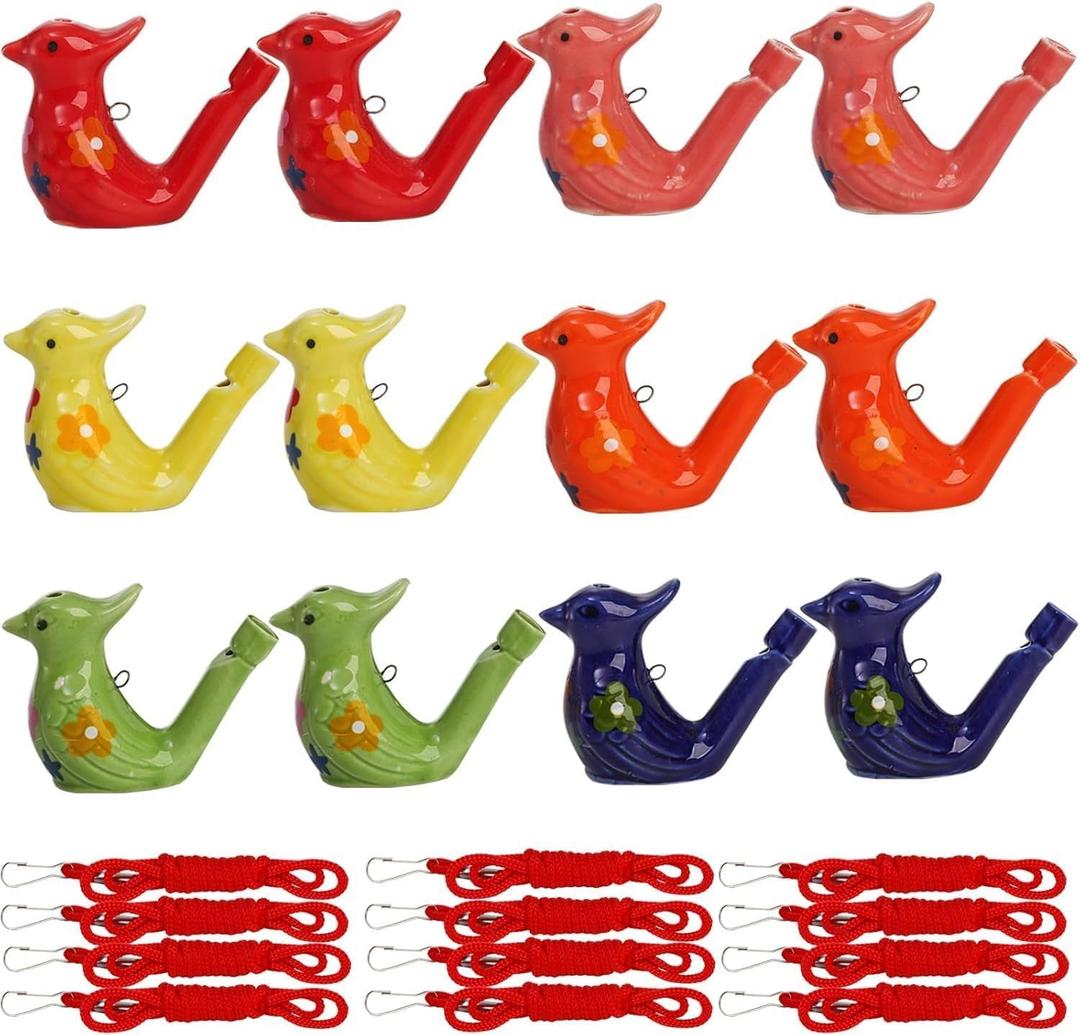 SOUJOY 12 PCS Bird Water Whistle, Ceramic Fun Birdie Call Whistle with Lanyard, Water Warbler Toys for Birthday Gift, Easter Gift, Water and Bath Play Fun, Outdoors