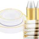 DaYammi 210PCS Gold Plastic Dinnerware Set Gold Plates Disposable Disposable Plates for Party Include: 30 Dinner Plates,30 Dessert Plates,30 Pre Rolled Napkins with Gold Silverware,30 Cups for Wedding