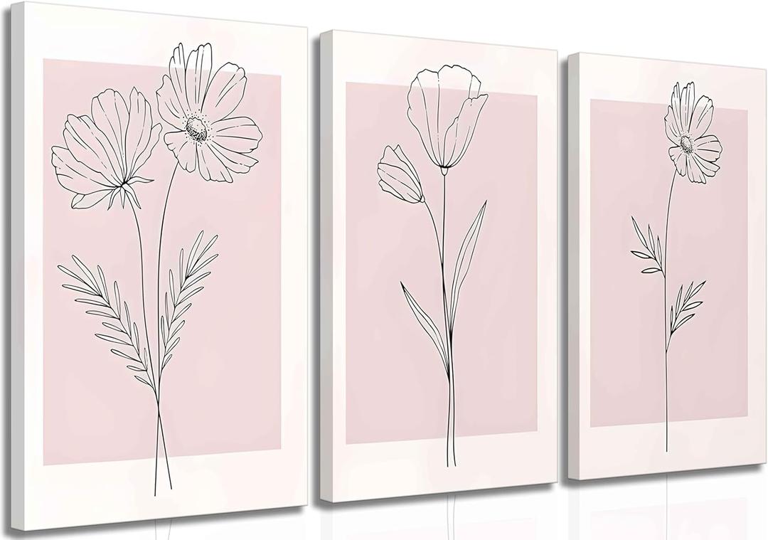 3 Pieces Minimalism Botanical Canvas Wall Art Pink Flowers Line Plants Pictures Wall Decor Posters Print Artwork for Girls' Room Living Room Bedroom Bathroom Office Home Decoration