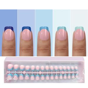 2 x Jsiallye French Tip Press on Nails,150Pcs Blue French Press On Nails Extra Short Square,No Need to File 4 in 1 Gel Nail Tips Pre-lasting,Soak off False Nail Tips for Women Nail DIY Extension 15 Size
