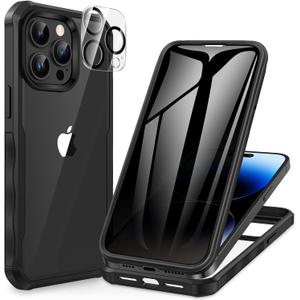 CENHUFO Privacy for iPhone 14 Pro Max Case, Full Body Phone Case with Built-in 9H Tempered Glass Privacy Screen Protector and Camera Lens Protector, Anti Peep Shockproof Bumper Clear Cover - Black