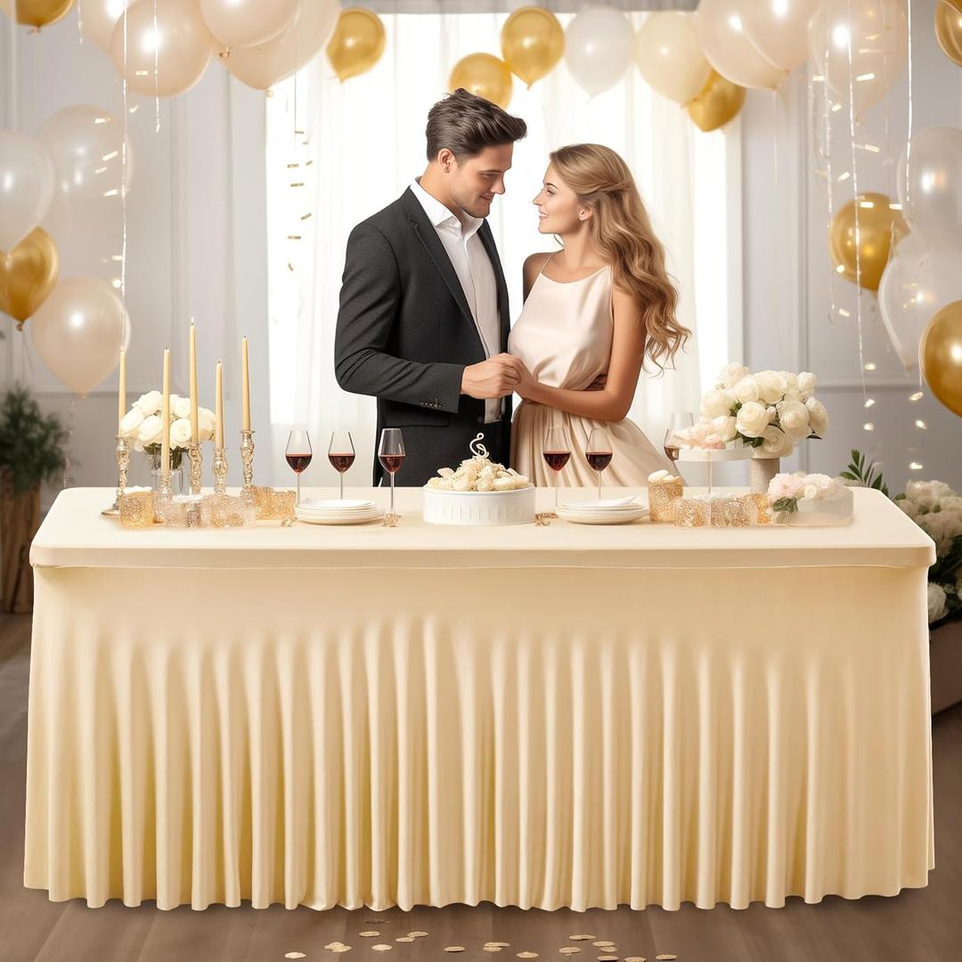 PARTISKY Champagne Spandex Tablecloth for 8ft Rectangle Tables, Stretchable Table Cover Skirt for Folding Tables Weddings Parties Banquets Events Trade Shows and Dessert Table 96" x 30" (Rectangular)