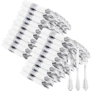 400PCS Pre Rolled Silver Plastic Silverware Sets - Heavy Duty Fancy Silver Cutlery - Include 100 Pack Wrapped Disposable Utensils with Napkins for Parties, Dinners & Weddings