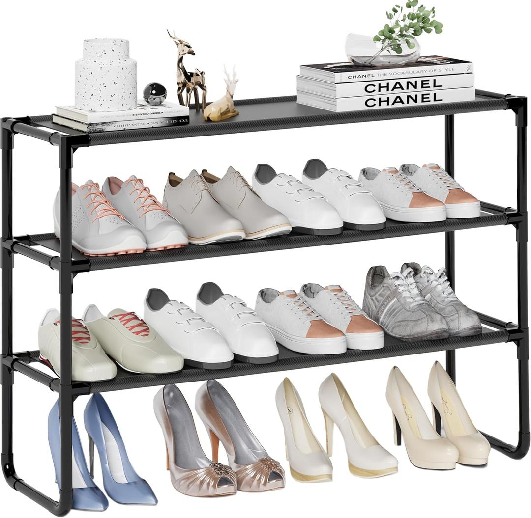 Long Shoe Rack, 3-Tier Stackable Shoe Organizer for Closet, Entryway, Hallway, Extra Bottom Layer, Holds 16-20 Pairs, Sturdy & Durable Waterproof Fabric Shelf, Space-Saving,Black