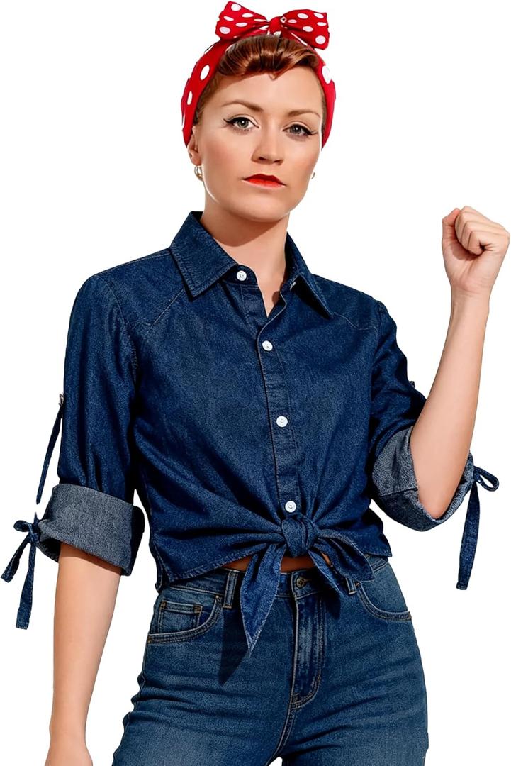 Women's Denim Crop Top with Red Polka Dot Bow Headbands, Halloween Costume, Cosplay Outfit (Medium, Blue)