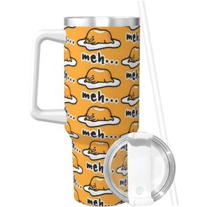 PTONUIC Gudetama Cute 40 oz Tumbler with Handle and Straw Lid | Insulated Cup Reusable Stainless Steel Water Bottle Travel Mug Cupholder Friendly | Gifts for Women Men Him Her