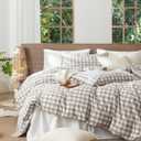 MooMee Gingham Duvet Cover Set 100% Washed Cotton Linen Like Textured Breathable Durable Soft Comfy Modern Checkered Design (Buffalo Plaid Tannish Linen Grey, King 104"x90")