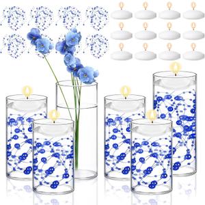 6 Set Glass Cylinder Vase with 8 Artificial Pearl String 12 White Floating Candle Multi-Size Cylinder Vase for Centerpieces 4"+ 6" + 8" Glass for Wedding Party Table Decor (6 Pcs-Blue)